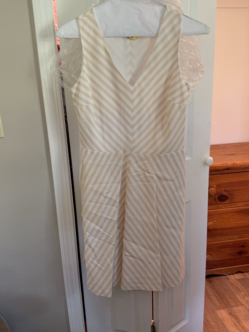 Tommy Hilfiger Sleeveless V-Neck Striped A-Line Dress in Cream and White